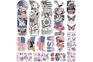 CHARLENT 4th of July Temporary Tattoos Full & Half Arm - American Flag Tattoos for Kids Women Men Fourth of July Party Decorations and USA Party Favors,Independence Day Party Supplies