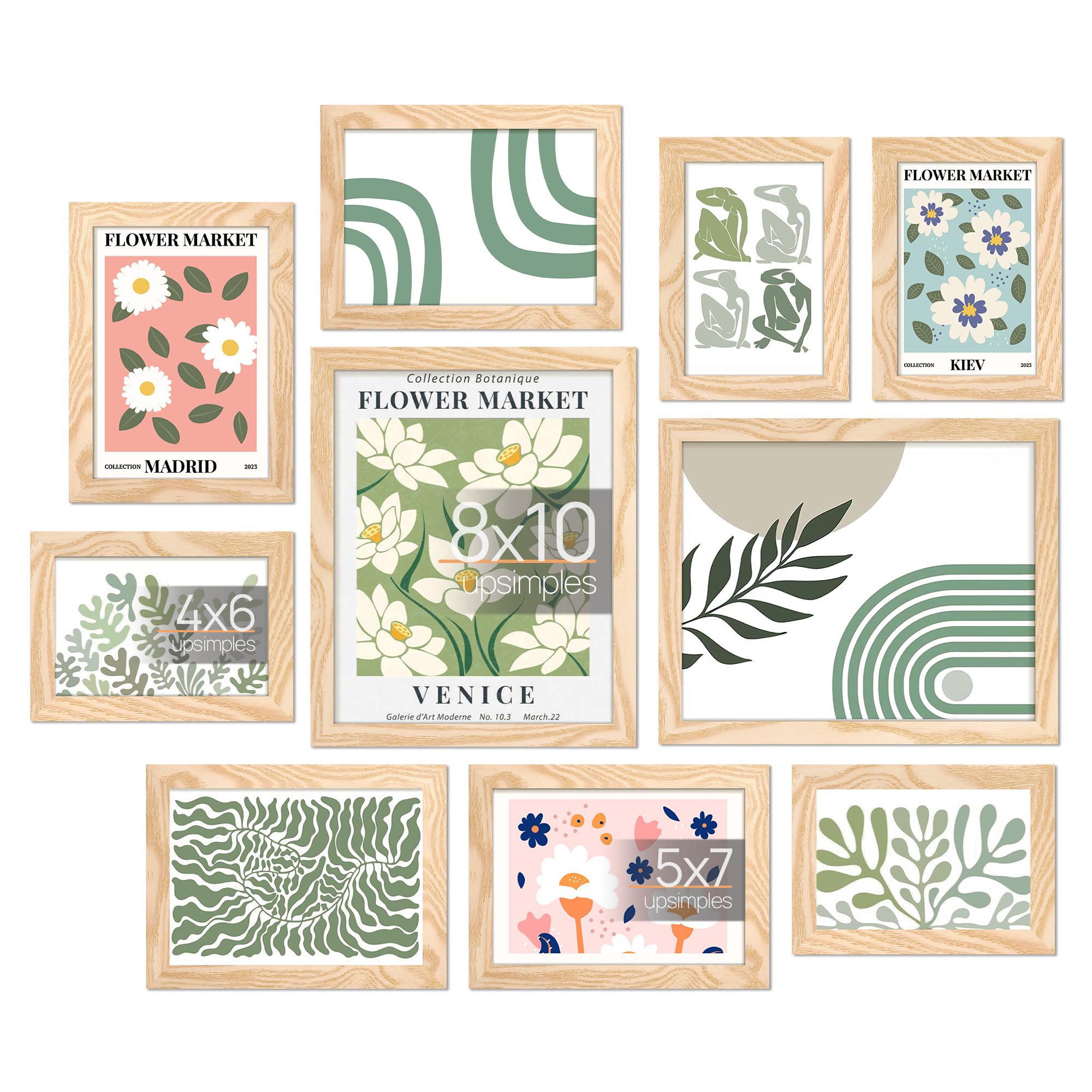 Photo 1 of upsimples 10 Pack Picture Frames Collage Wall Decor for Mounting or Tabletop Display, Photo Gallery Frame Set for Family, Multi Sizes Including 8x10, 5x7, 4x6, Natural