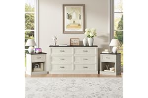 CARPETNAL Farmhouse Dresser and Nightstand Sets for Bedroom, 3 Pcs Bedroom Set, 6 Drawer Dresser & Nightstand Set of 2, Modern Wood Chest of Drawers for Bedroom, Living Room, Entryway, White