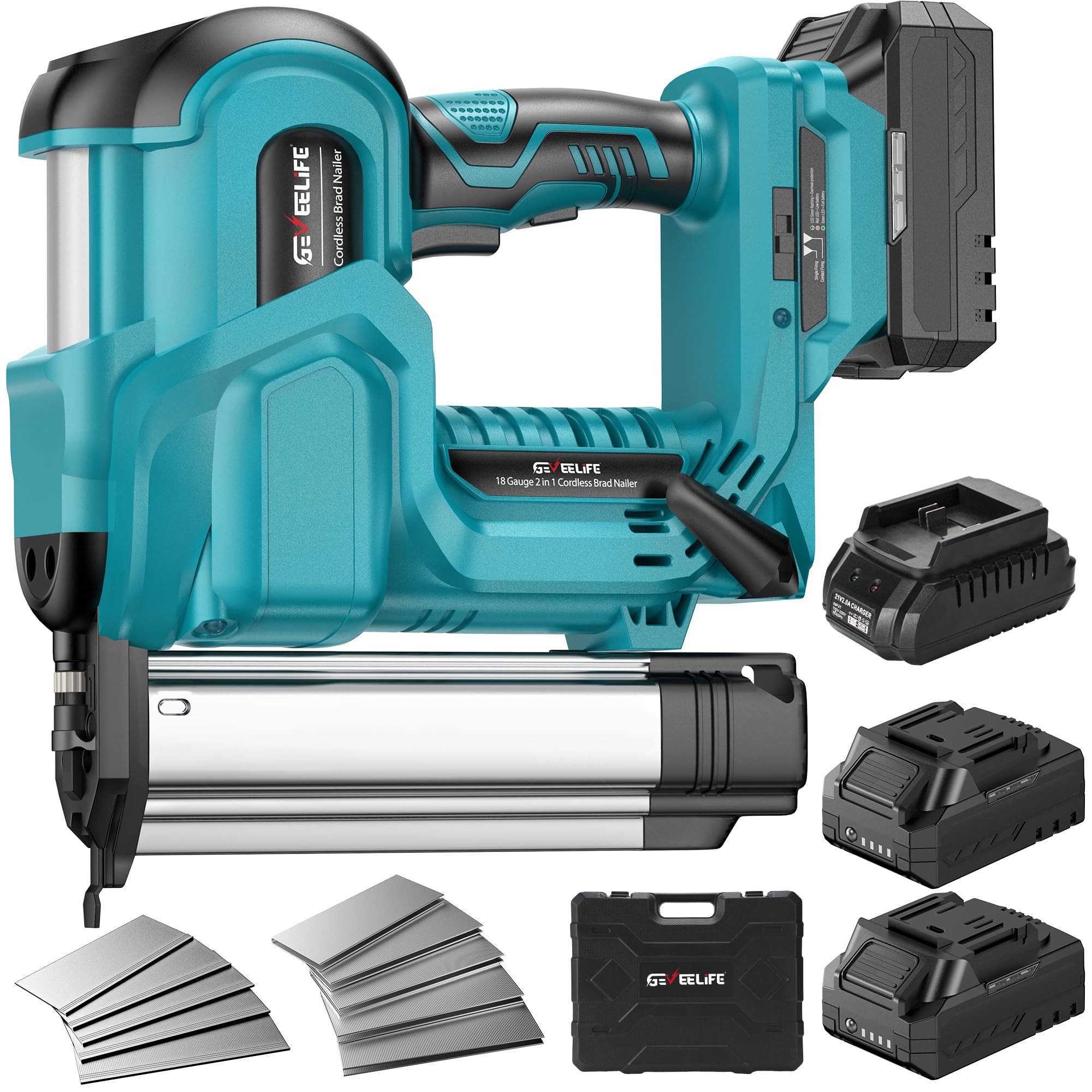Photo 1 of GEVEELIFE Cordless 2" Brad Nailer with 2×2.0Ah Batteries – 2-in-1 18G Nail Gun & Staple Gun, Battery-Powered, 1000 Nails Included, Adjustable Depth, 2 Modes for Wood Carpentry