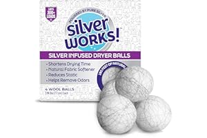 SilverWorks! Wool Dryer Balls Laundry Reusable - Odor Eliminating Dryer Laundry Balls with Silver Technology - Natural Fabric Softener and Static Reducer, Reduce Drying Time and Energy Costs - 4 Pack