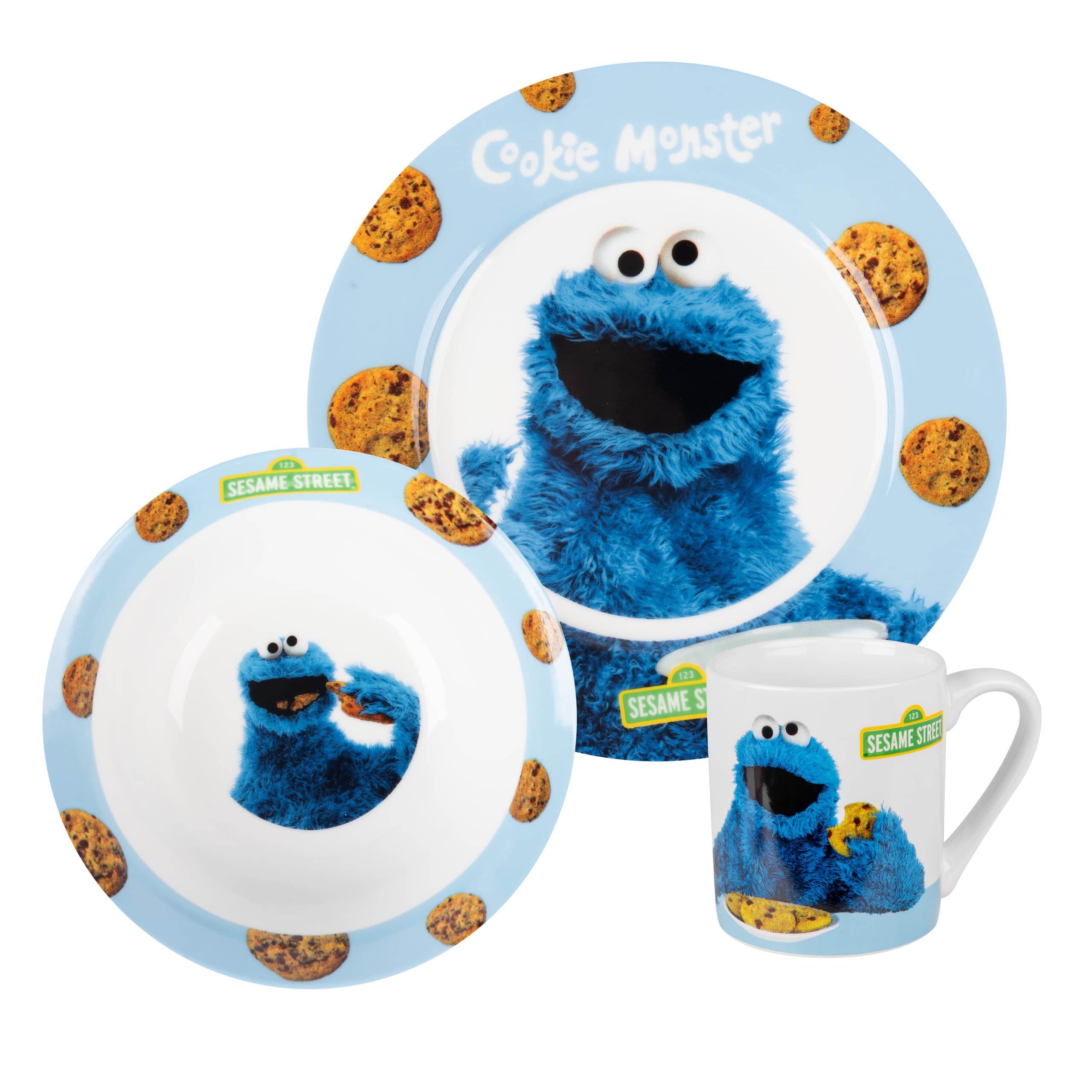 Sesame Street Breakfast Set - Cookie Monster Children's Tableware Set 3-piece Porcelain Blue Plate, Bowl & Cup