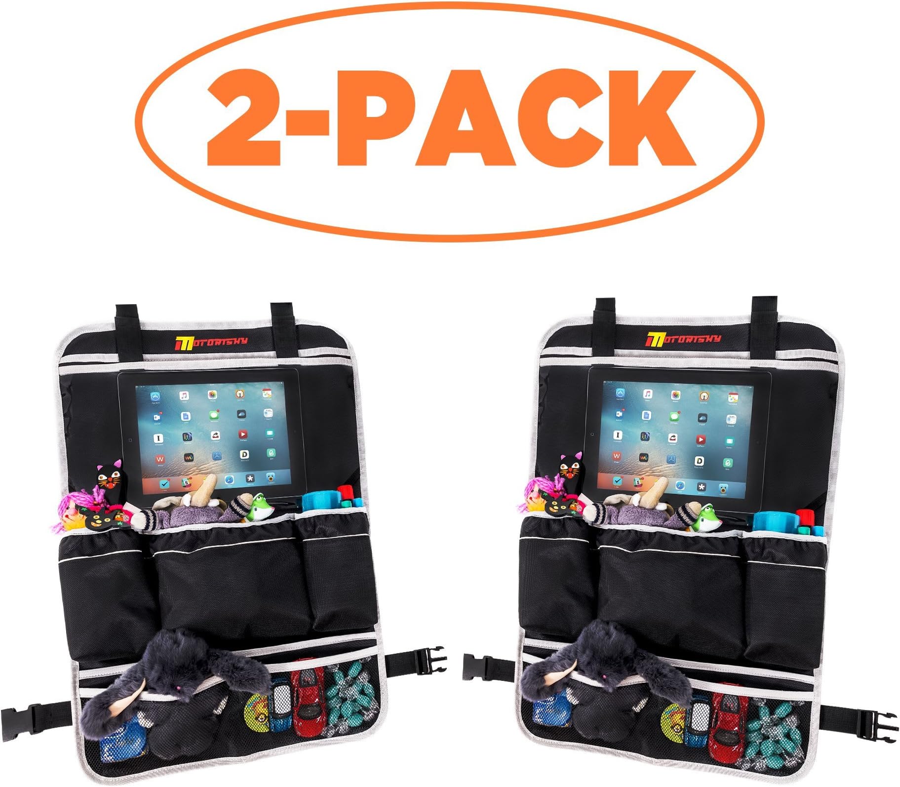 2 Pack Backseat Car Organizer for Family by Motorishy- Best Toy Storage Bag for Traveling with Kids- Tablet Holder and Book Compartment- Heavy Duty Back Seat Protector and Kick Mat