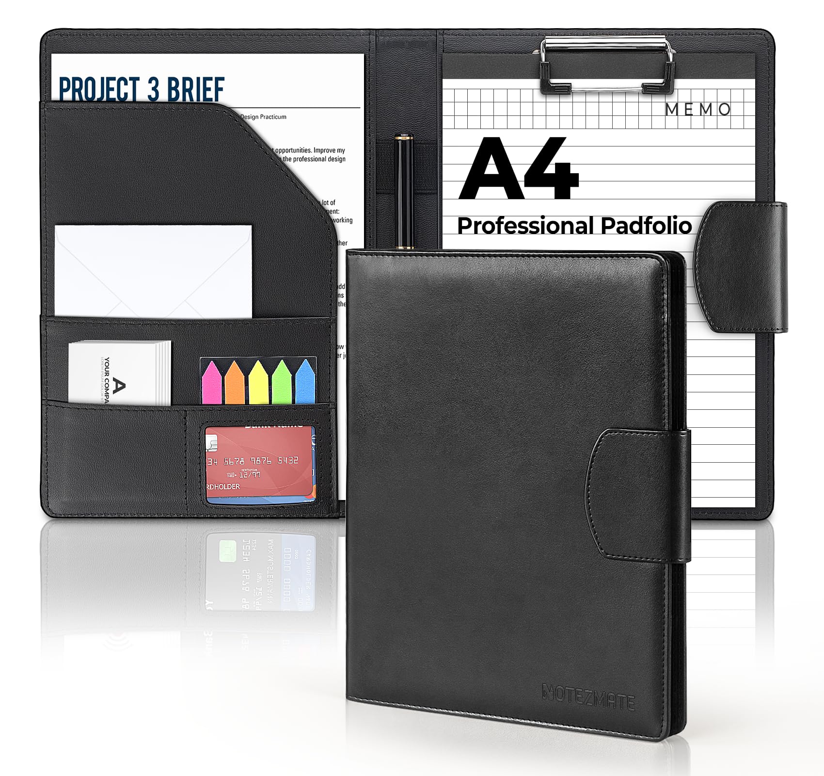NOTEZMATE Portfolio Folder A4,Faux Leather Conference Folder with Magnetic Closure,Black Fold Over Business Organiser,Clipboard with Pocket Document Resume File,Card Holder,Clipboard,Memo Writing Pad