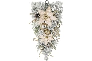 ARBORUS 27.5" Artificial Christmas Teardrop Swag with Champagne Poinsettia, Pine Cones, Berries & Ornaments, White Cedar Branch Base for Christmas Thanksgiving Winter Holiday Front Door and Wall Decoration