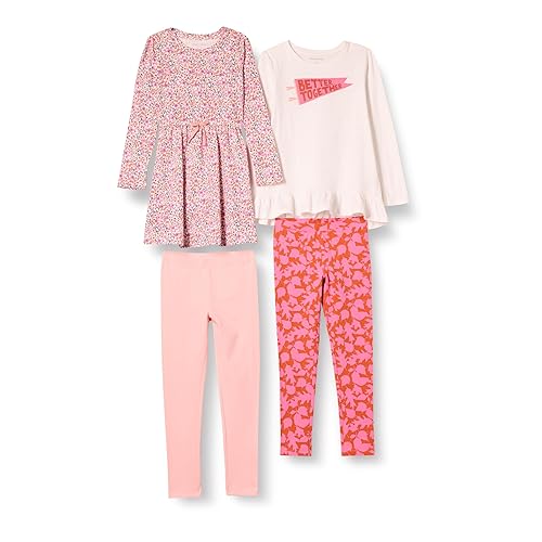 Amazon Essentials Toddler Girls' Long-Sleeve Outfit Set, Pack of 4, Ivory/Pale Pink/White Floral/Flowers, 3T