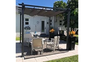 PURPLE LEAF 10' X 10' Outdoor Retractable Pergola with Sun Shade Canopy Patio Metal Shelter for Garden Porch Beach Pavilion Grill Gazebo Modern Yard Grape Trellis Pergola, Gray