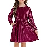Stelle Girls Long Sleeve Velvet Dress with Pockets Ruffled Crew Neck Midi A-Line Dresses Vintage Formal Party Winter Outfits