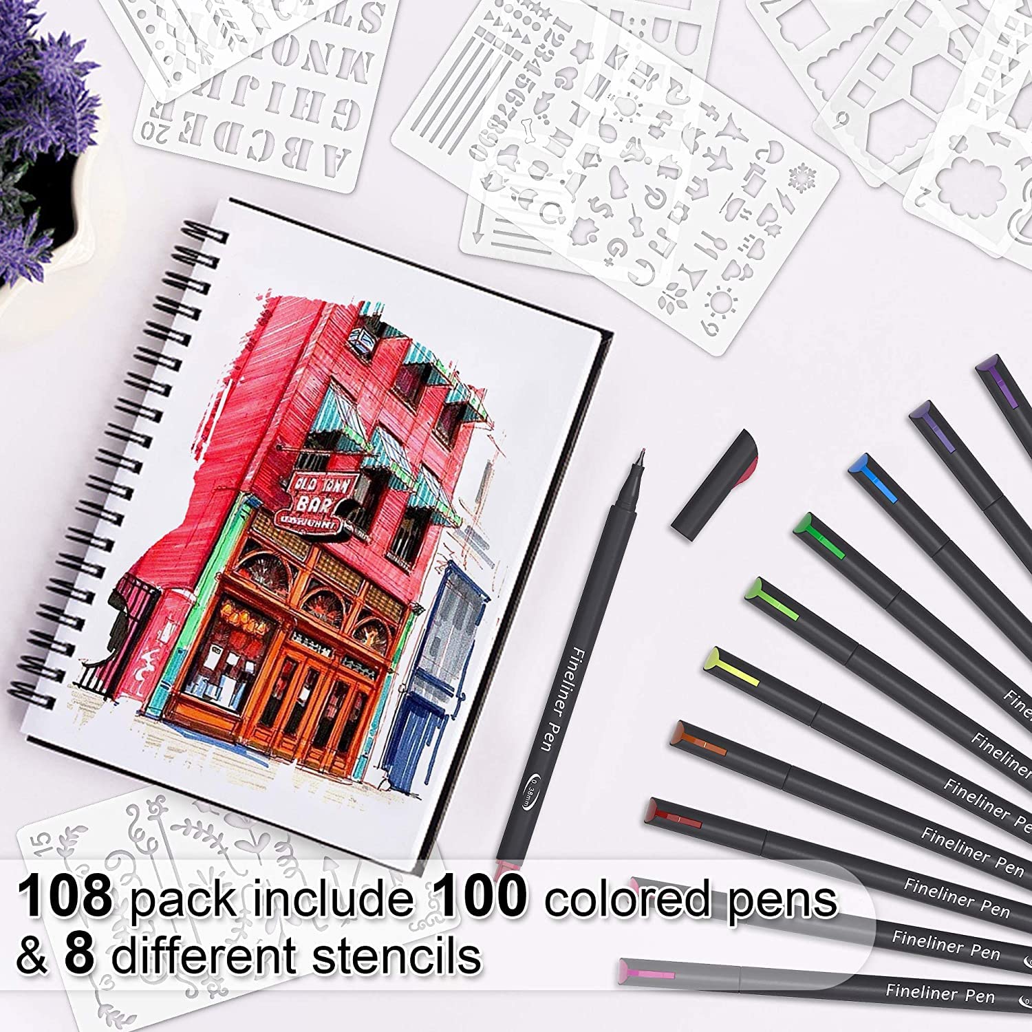 108 Pack Planner Colored Pens, 100 Assorted Colors Drawing Pens with 8 Different Stencils, Perfect for Dotted Journal Planner Writing Note Calendar Coloring Office School Supplies