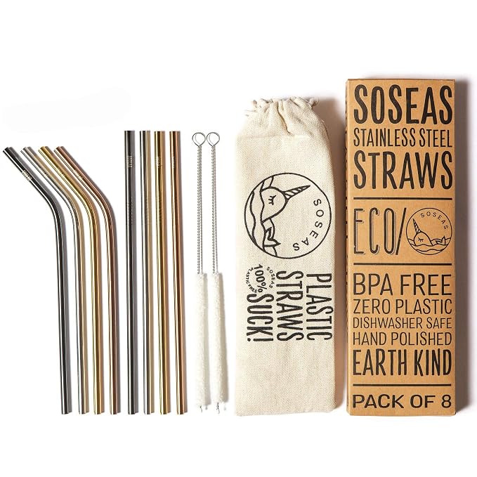 Reusable Metal Straws by Soseas, 8 Pack Stainless Steel Eco Drinking Straws, Plastic-Free with Cotton Cleaning Brushes and Linen Carry Case, 4 Bent 4 Straight, Rose Gold, Gold, Silver and Black