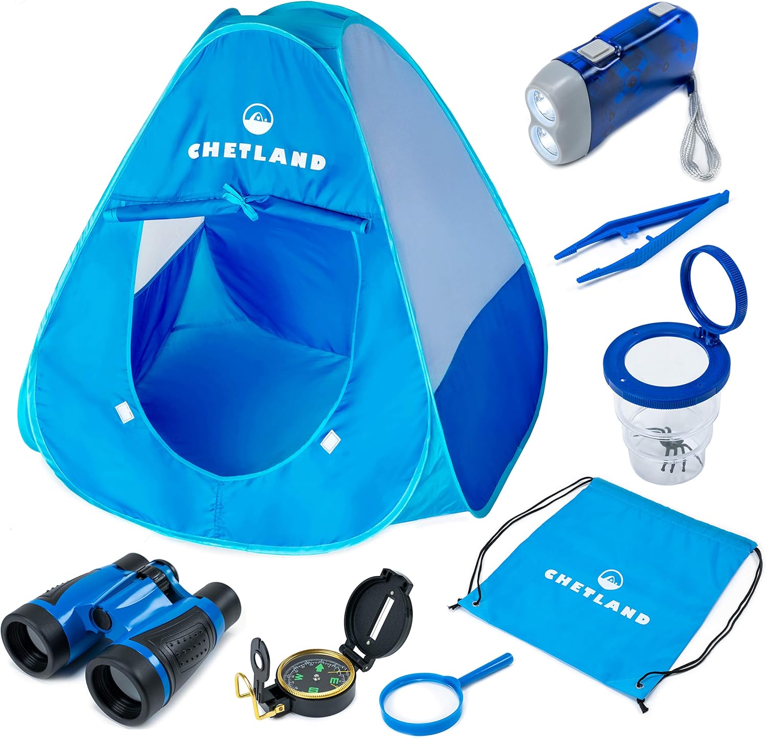 CHETLAND Kids Camping Set Toys Includes Pop Up Play Tent, Camping Gear Tools Adventure Gift Set for Boys and Girls - Blue/Blue