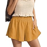 Tomosc Linen Shorts for Women Summer Casual Elastic High Waisted Wide Leg Loose Beach Shorts with Pockets