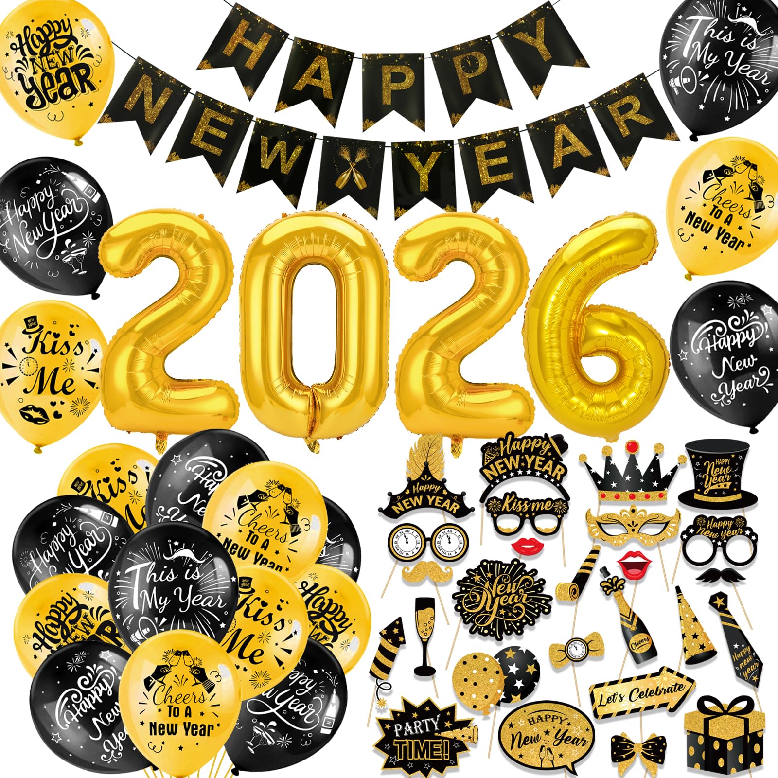 HOWAF Happy New Year Banner Black Gold New Year Balloons 2026 Foil Balloons Photo Booth Props for New Years Eve Decorations 2026 NYE Party Decorations