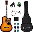 Joymusic 38 inch sunburst beginner acoustic guitar kit,bundle with a strap with picks holder,digital tuner, set strings, capo,cleaning cloth,6 picks,gig bag.(JG-38C,3TS)