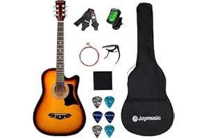Joymusic 38 inch sunburst beginner acoustic guitar kit,bundle with a strap with picks holder,digital tuner, set strings, capo,cleaning cloth,6 picks,gig bag.(JG-38C,3TS)
