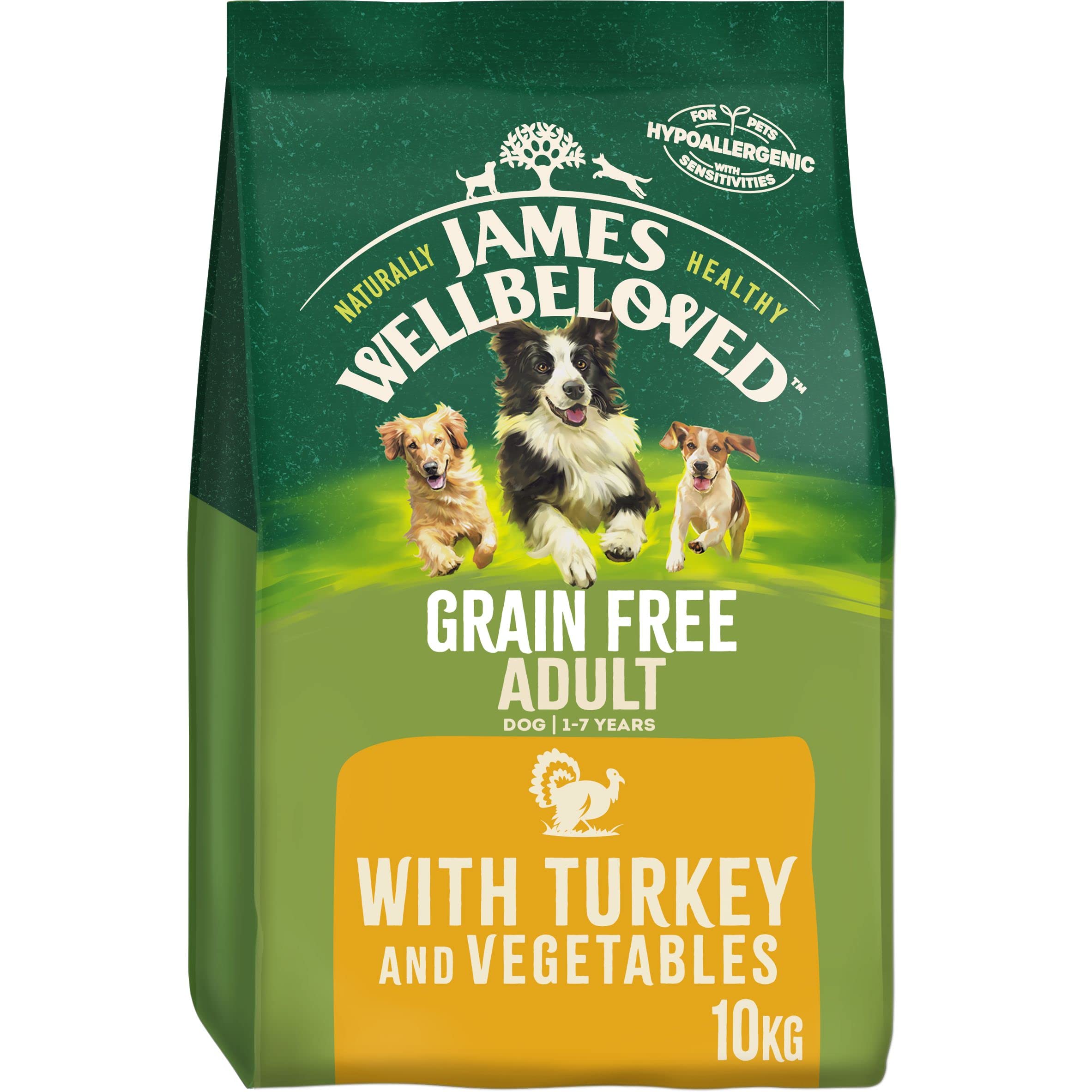 JAMES WELLBELOVED Hypoallergenic Grain Free Adult Dry Dog Food - 10 kg - Turkey & Vegetables - Bulk Dry Dog Food Pack