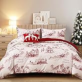 Anibedding Christmas Duvet Cover Set Queen 3 Pieces Red Lodge Deer Snowman Village Duvet Cover Set with 2 Pillowcases, Lightweight Microfiber Merry Christmas Bedding 90"x90"