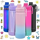 CHILLOUT LIFE 22 oz Kids Insulated Water Bottle for School with Leakproof Spout Lid and Cute Waterproof Stickers, Personalized Stainless Steel Thermos Flask Metal Water Bottle, Cotton Candy