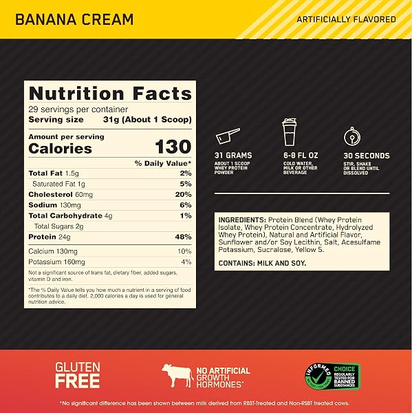 OPTIMUM NUTRITION GOLD STANDARD 100% WHEY PROTEIN POWDER, BANANA CREAM, 2 POUND (PACKAGING MAY VARY)