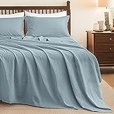 FALUCA Belgian Linen Cotton Sheet Set 4-Piece (1 Flat Sheet, 1 Fitted Sheet & 2 Pillowcases) - Soft, Breathable & Cozy Farmhouse Bedding for Hot Sleepers, Natural Flax Blend - Queen Size, Dusty Blue