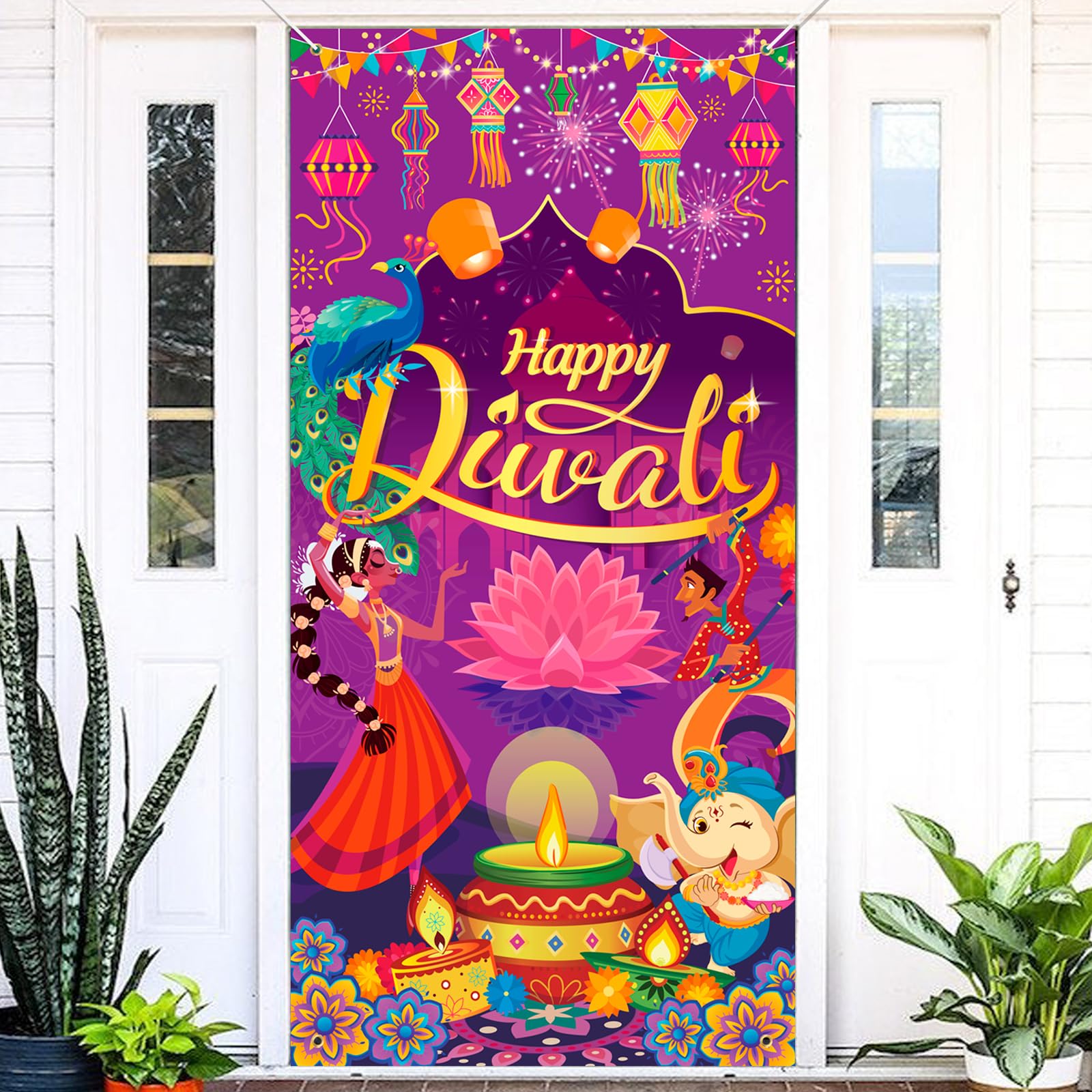 DPKOW Diwali Decorations Indian Diwali Door Cover, Happy Diwali Door Banner Deepavali Door Porch Sign for Indian Festival of Lights Diwali Festival Decoration Supplies House Indoor Outdoor, 185*90cm