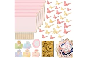 BESUPERT 52Pcs Flower Bouquet Wrapping Paper Accessories Kit, 20 Sheets Pink Waterproof Floral Wrapping Paper, 12 Gold 12 Pink Butterflies, 5 Cards, 1 Ribbon, 1 Letter 1 Rhinestone Sticker (Gold Edge)