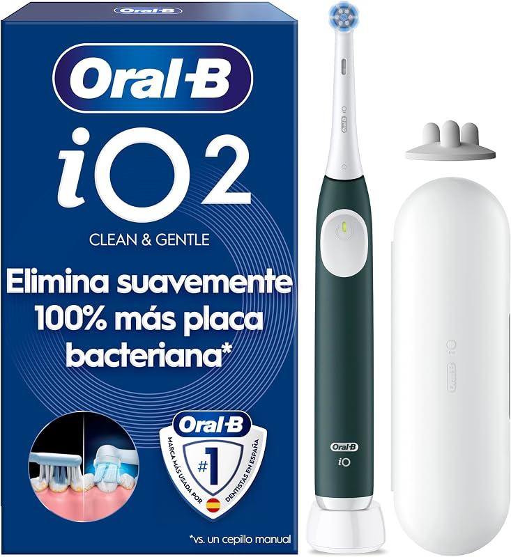 Oral-B iO 2 Forest Green escova de dentes elétrica, 1 cabeça, 1 estojo de viagem, 1 suporte de recarga, 3 modos de escovagem, sensor de pressão e temporizador, desenhado por Braun