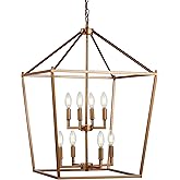 JONATHAN Y 20" Antique Gold Lantern Pendant Light, 8-Light Pagoda Style Metal Cage Farmhouse Hanging Ceiling Fixture for Kitc