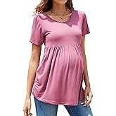 Brynmama Cute Maternity Shirts Summer Short Sleeve Pregnancy Tops Casual Comfy Maternity Blouse with Ruffle Peplum for Work