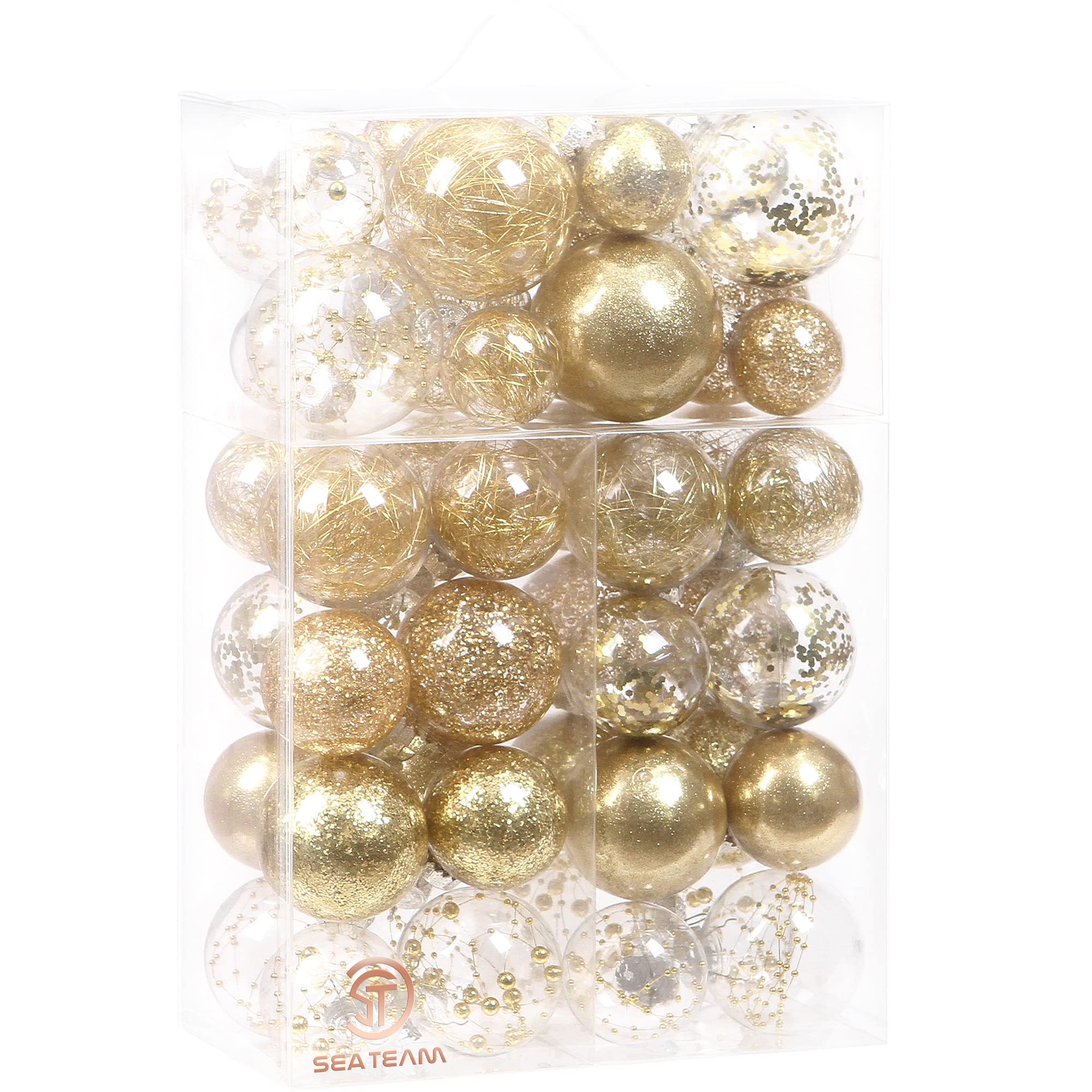 Sea Team Multi-Size Shatterproof Clear Plastic Christmas Tree Ball Ornaments Set, Decorative Hanging Transparent Xmas Baubles with Stuffed Delicate Decorations (48 Counts, Gold) Image