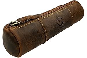 Rustic Town Leather Pencil Case - Full Grain Leather Zippered Pen Pouch - Stationery Bag Pen Holder for Work & Office