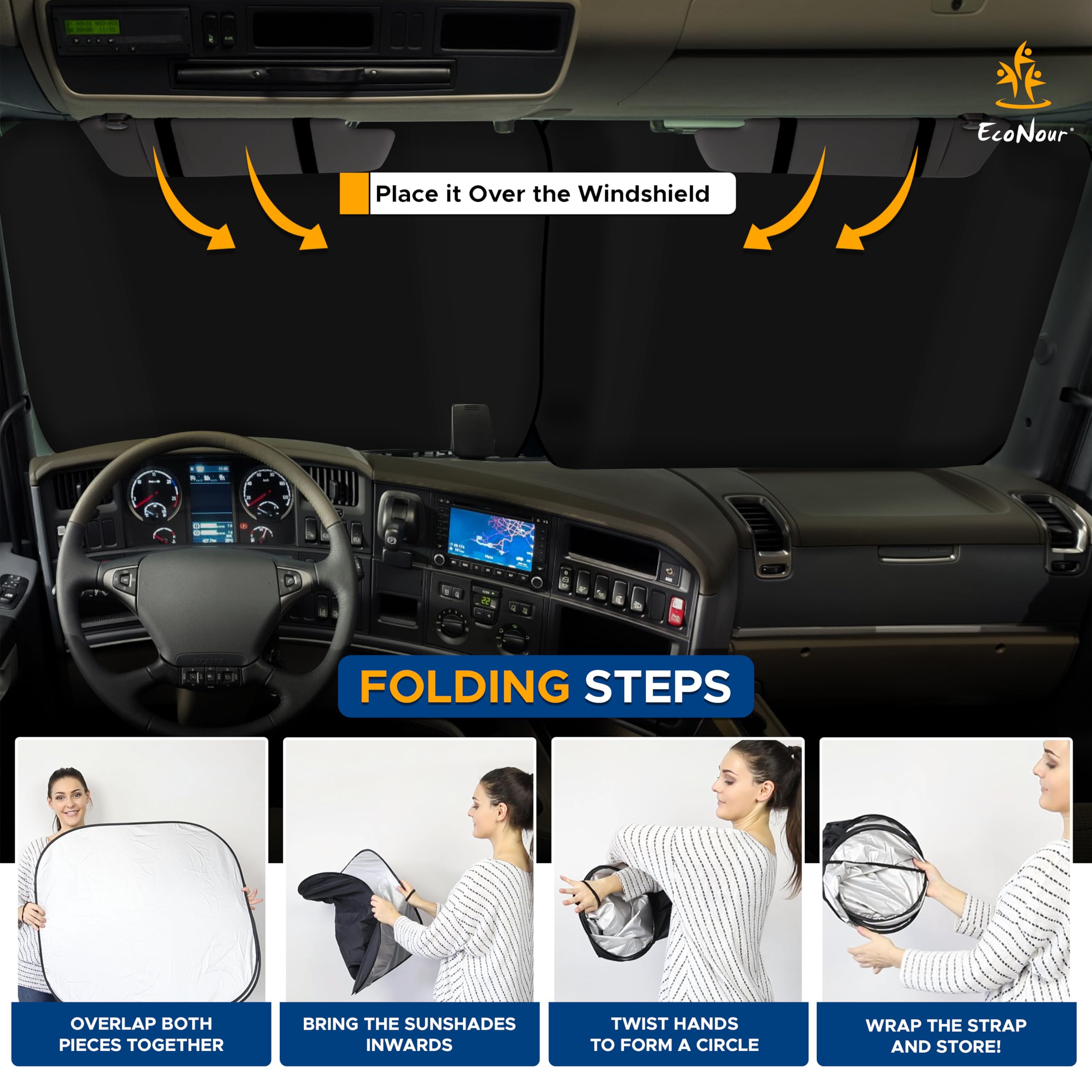 EcoNour 2-Piece Foldable Spring RV Windshield Sunshade, Reflective 240T Polyster for RVs, Trucks, Motorhomes, Bus, Side Window, XX-Large (Each 41.5 in x 50 in)