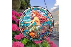 WOHAHA Mermaid Stained Acrylic Window Hanging Panels Indoor Outdoor Round Windows Hanger Kitchen Bedroom Garden Wall Art Decor Gifts for Women Adults Grandma