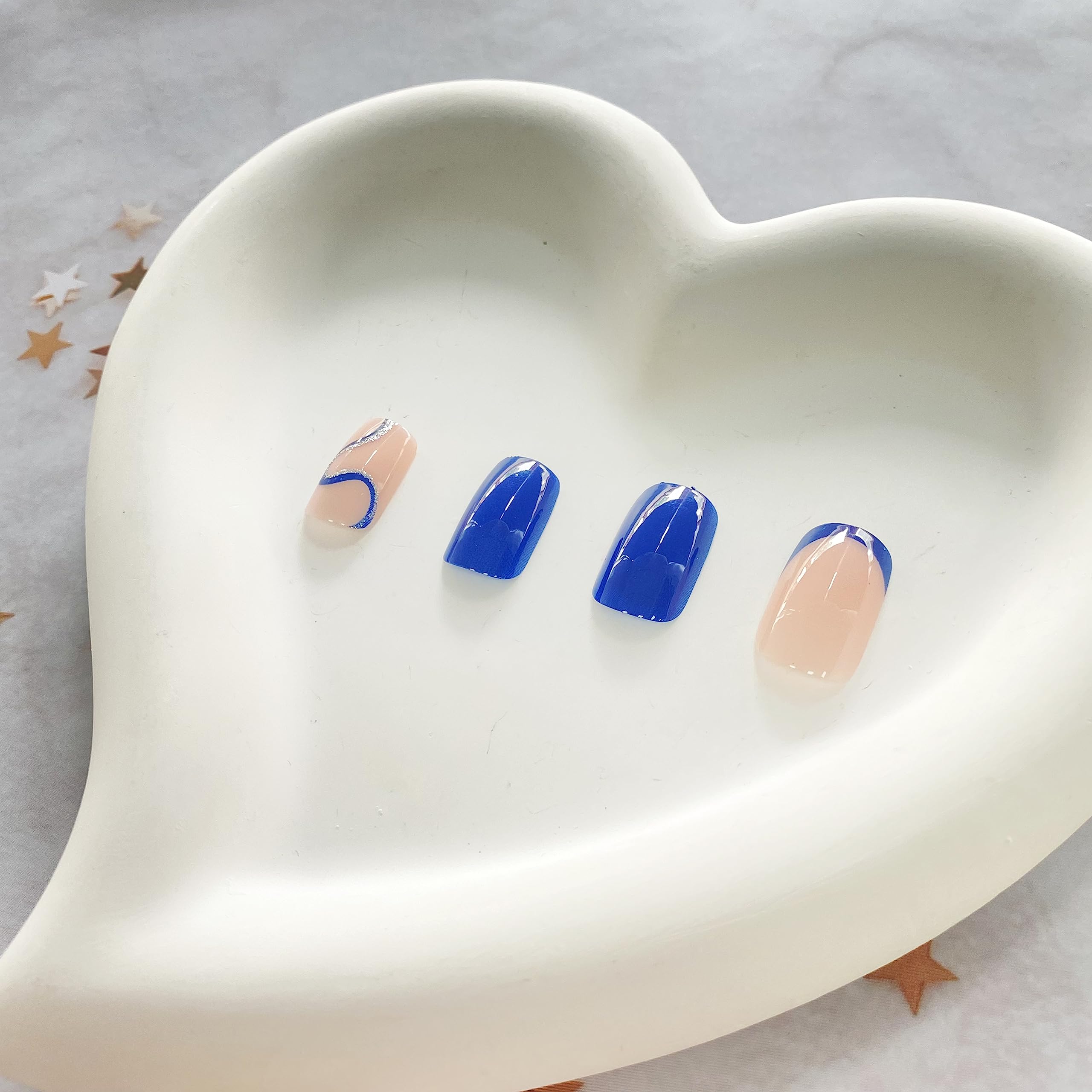 Dark Blue Press on Nails Short Fake Nails with Shiny Curve Designs French Tip Artificial Nails Simplicity Reusable Acrylic Nails False Nails Glossy Glue on Nails for Women Girls - Image 7