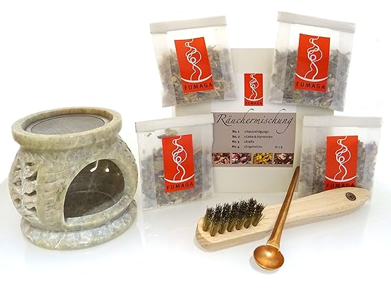 Fumaga – 7- teiliges Räucherset Starterset mit Räucherstövchen Blume aus Speckstein Ø 7,5 cm; H: 8,0 cm