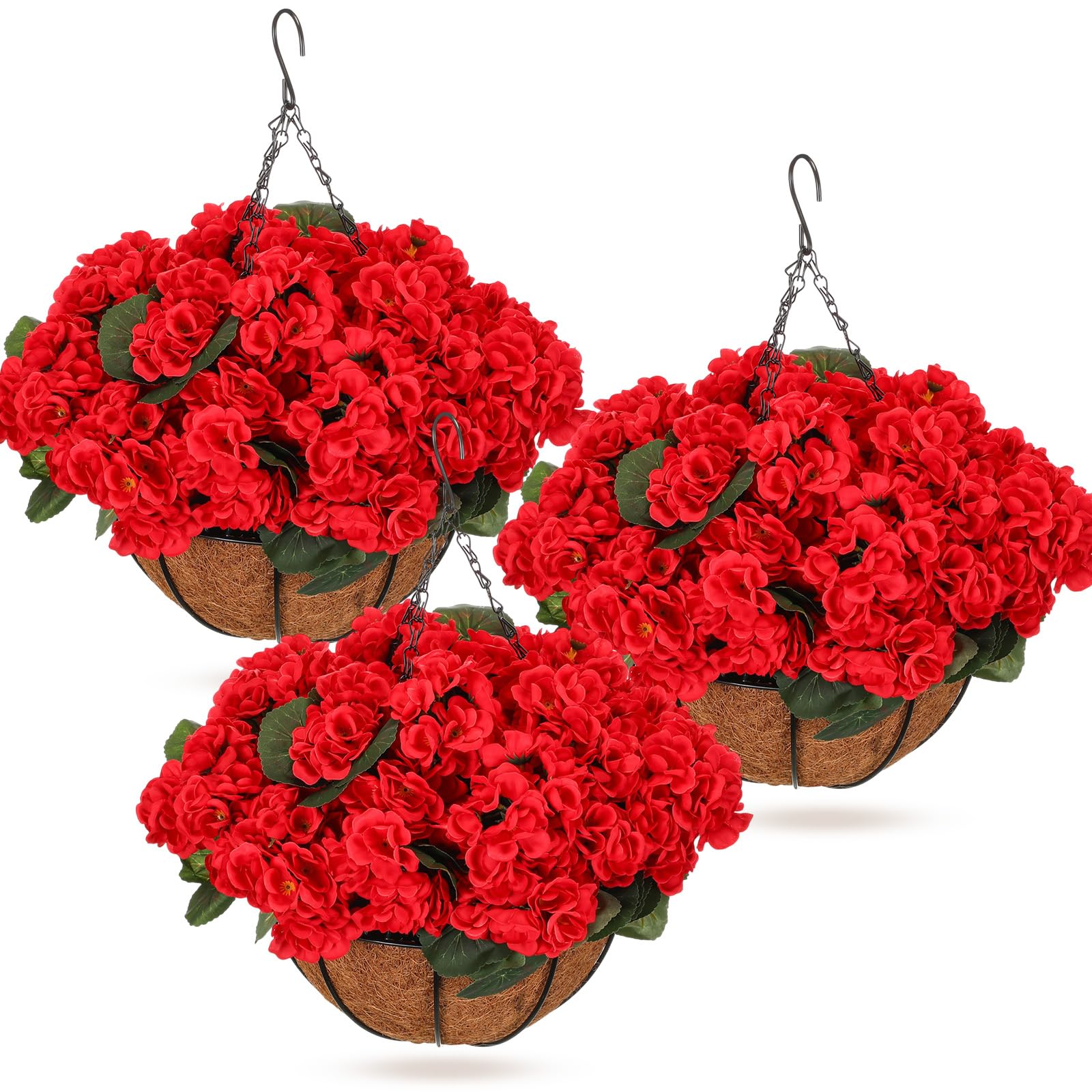 Photo 1 of Suncalla 3 Set Artificial Red Geraniums Flowers for Outdoors Summer Outside UV Resistant with Hanging Baskets 3 Hanging Planters with 21 Pcs Red Geranium Flowers for Porch Home Patio Yard