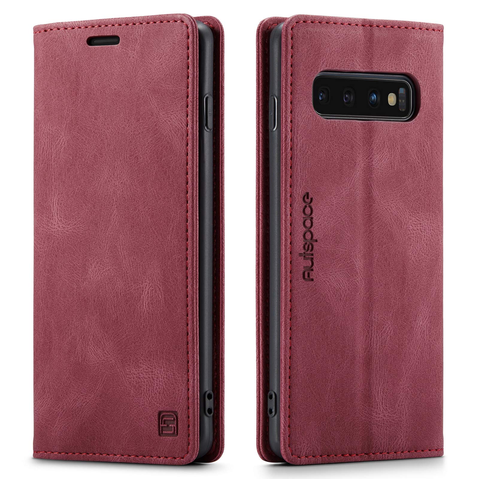 Premium PU Leather Flip Folio Case for Samsung S10 Plus and Screen Protector,Protective Case with Kickstand Card Slot Magnetic Closure Shockproof Wallet Cover for Samsung Galaxy S10 Plus Red