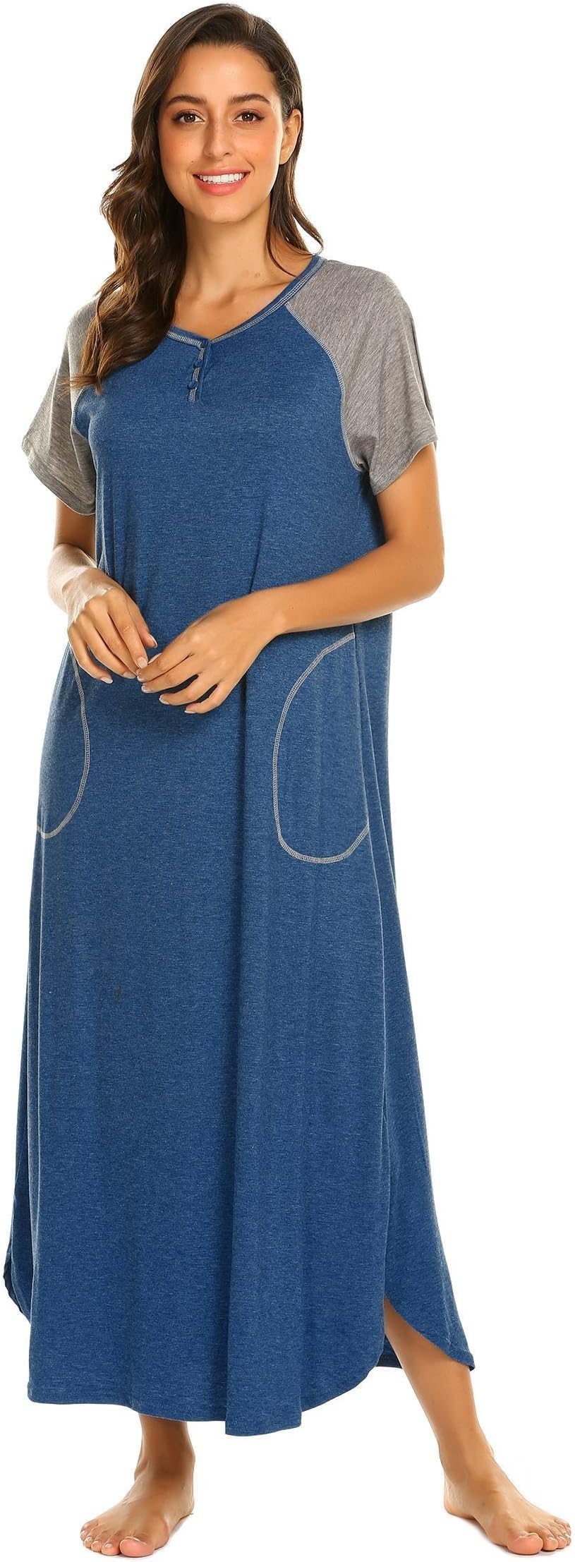 Langle Full Length Nightgown Womens Sleepshirt Short Sleeve Sleepwear V-Neck Nightshirt S-XXL