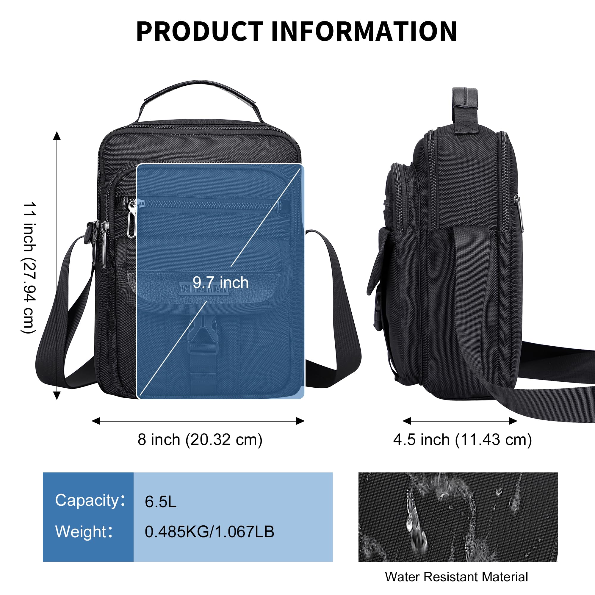 WITZMAN Umhängetasche Herren Tasche Umhängen 8L Leicht Crossbody Shoulder Bags Herren Schultertasche für Geschäftsreisen (B699 Schwarz) 6