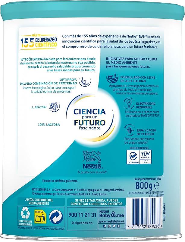 Nestlé NAN OPTIPRO 1 Leite infantil, leite artificial desde o primeiro dia, Leite em pó, biberão de 800g