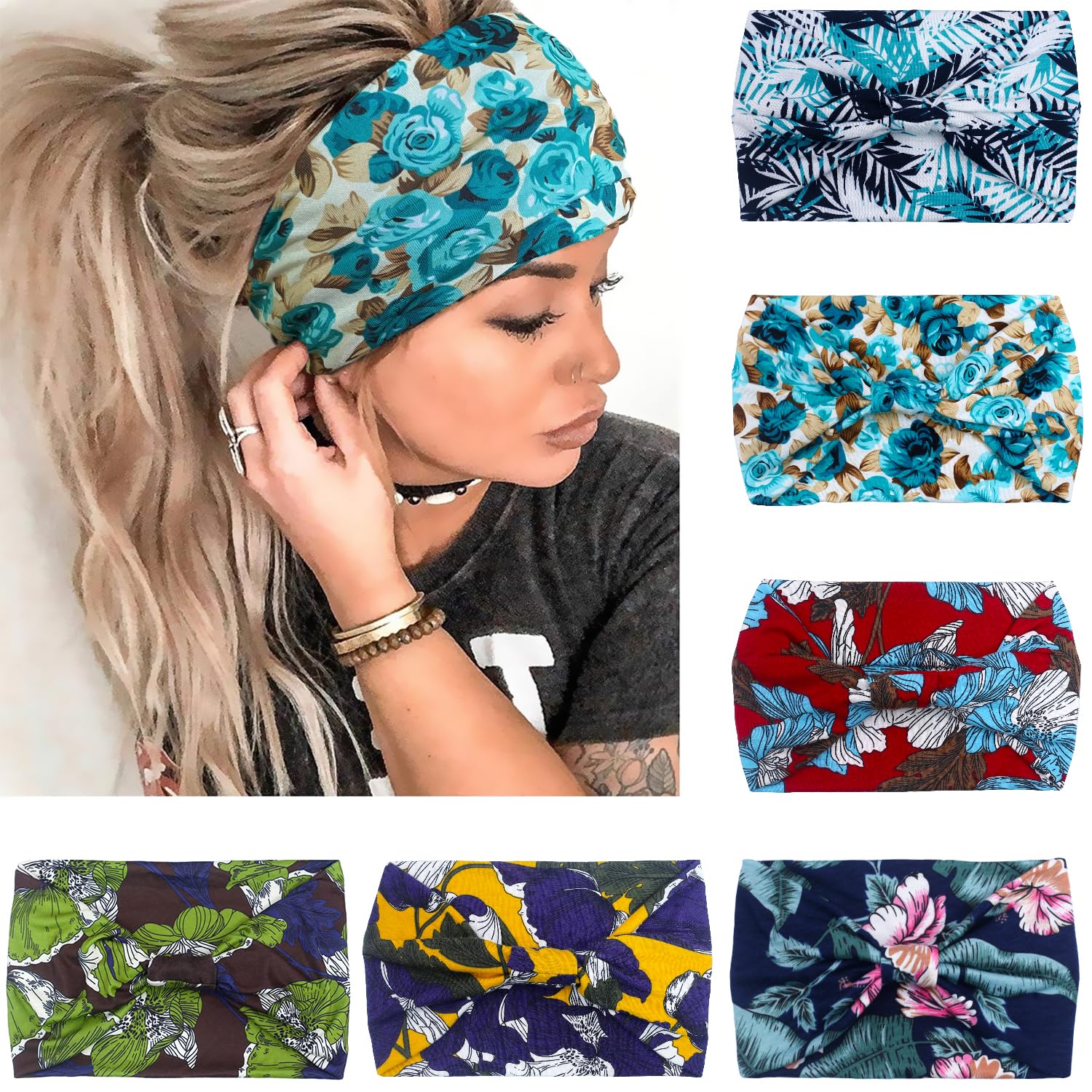 VENUSTE Wide Headbands for Women's Hair, Fashion Knotted Head Bands for Adult Women Hair Accessories, 6PCS (Floral)