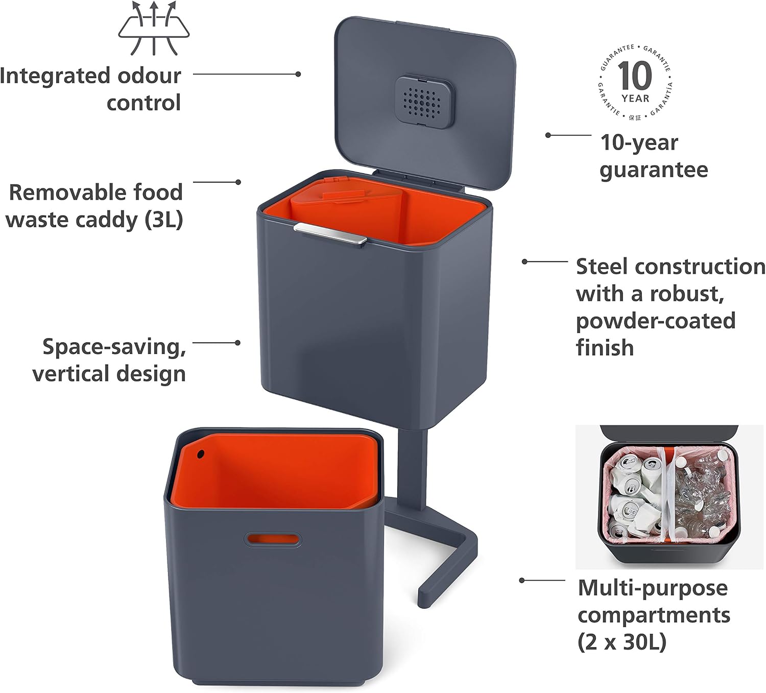 Joseph Joseph Totem Max 60 Litre Waste Separation and Recycling Kitchen Bin with Odour filter and removable food waste caddy, Graphite - Image 3