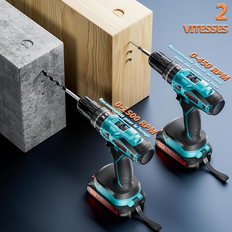 Perceuse Visseuse Sans Fil 21V Avec Batterie 4000mAh, 45Nm de couple max 25+3 positions de couple (2 vitesses & LED), 2 batteries 2,0Ah et chargeurpour la maison et le jardin projet DIY (Bleu)