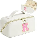 for Valentines Day Gifts, Makeup Bag for Women, PU Leather Travel Toiletry Bags, Initial Make Up Cosmetic Pouch for Teen Girls, Wide Open Portable Skincare Bag, Personalized Birthday Gifts, White K