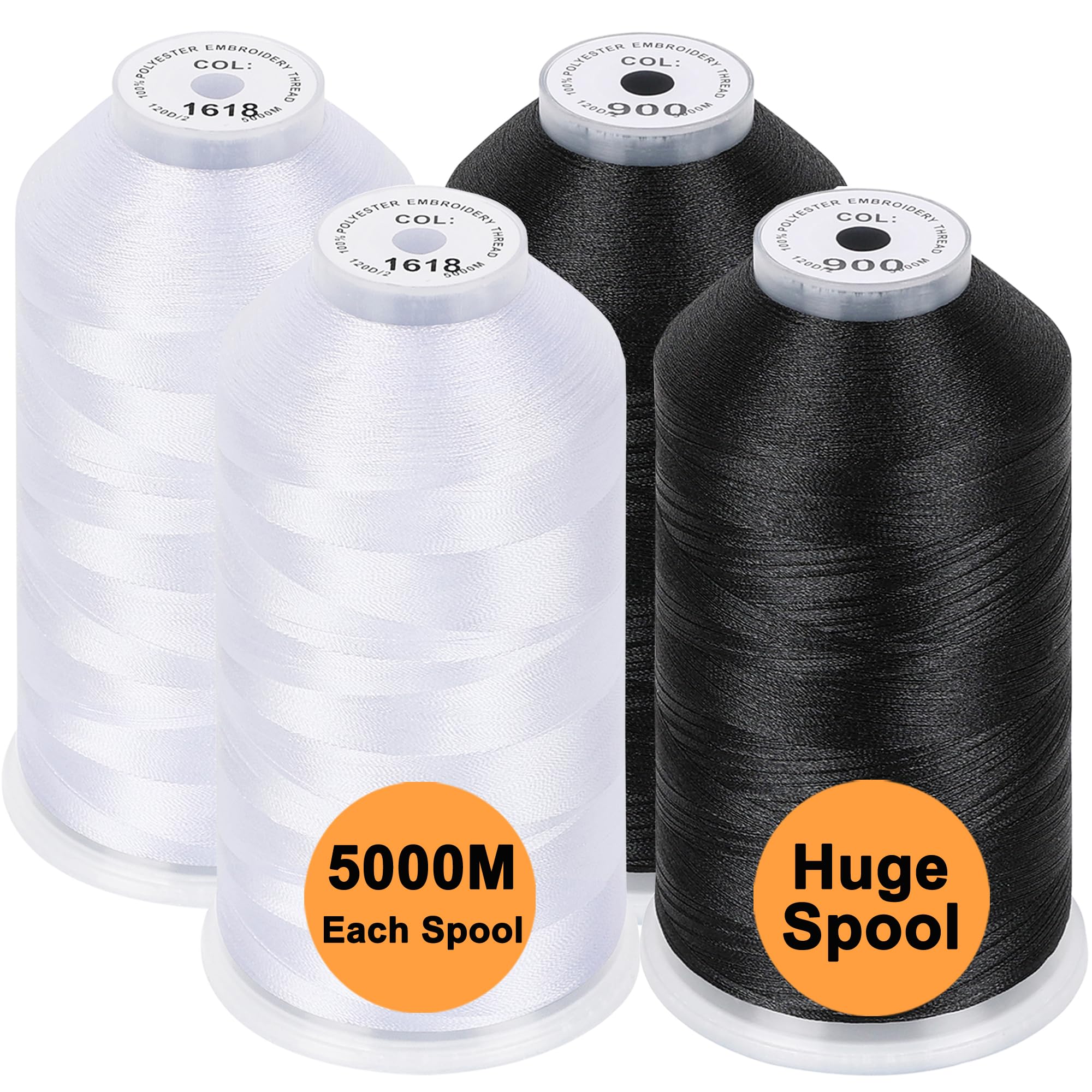 New brothread Set of 4 (2xWhite + 2xBlack) Polyester Machine Embroidery Thread Huge Spool 5000M for All Embroidery Machines