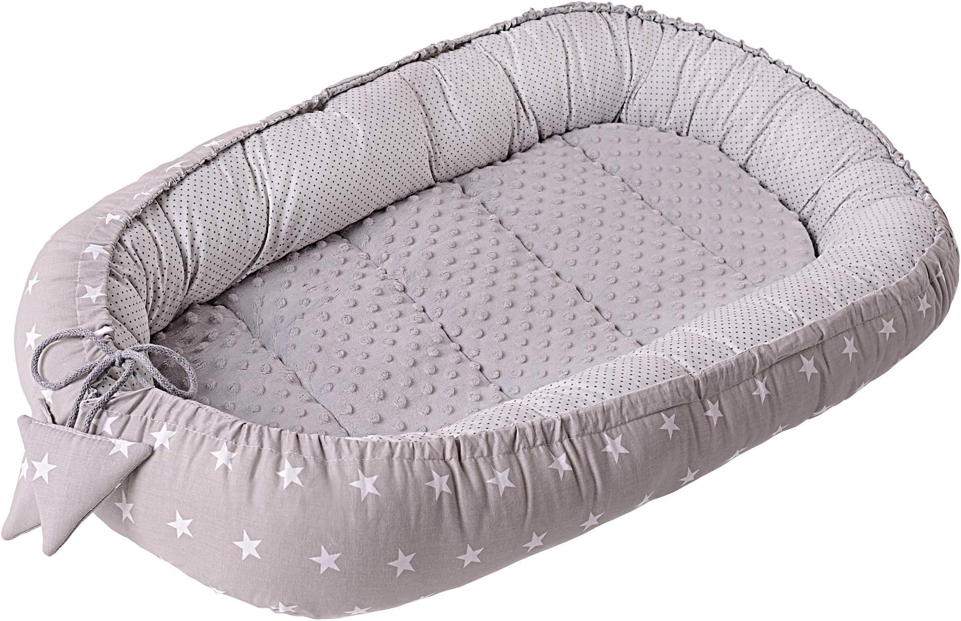 Baby nest for Newborn Cuddle 100% Cotton 90x50x13cm Medi Partners Removable Insole Cocoon Minky (White stars with Grey Minky)