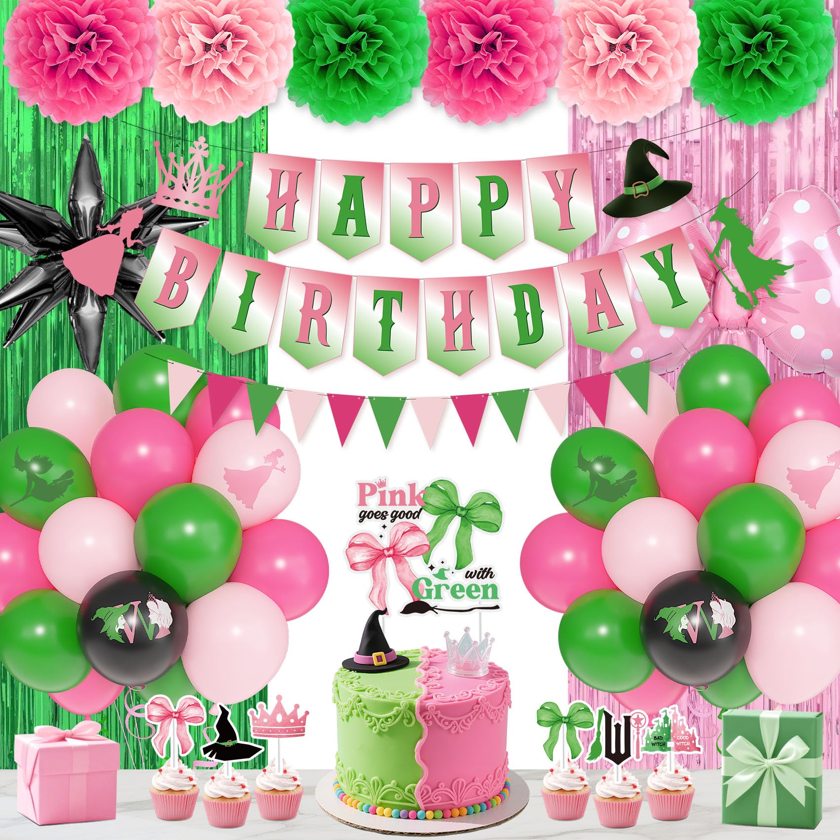 Photo 1 of Ouddy Life Witch Movie Birthday Party Decorations for Women, Pink and Green Princess Witch Themed Black Star Foil Balloon Happy Birthday Triangle Banner Cup Cake Toppers Pompoms Fringe Curtain Favors
