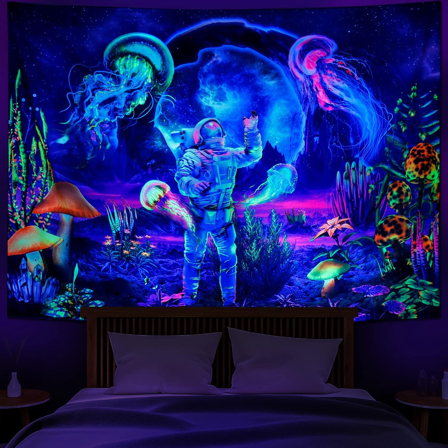Tapestries - Heopapin Blacklight Astronaut Tapestry UV Reactive Plants Jellyfish Neon Galaxy Space Wall Hanging for Room W59×H51