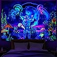 Heopapin Blacklight Astronaut Jellyfish Tapestry Trippy Mushroom Tapestries UV Reactive Fantasy Plants Wall Tapestry Psychedelic Neon Galaxy Space Tapestries Wall Hanging for Room W92×H70