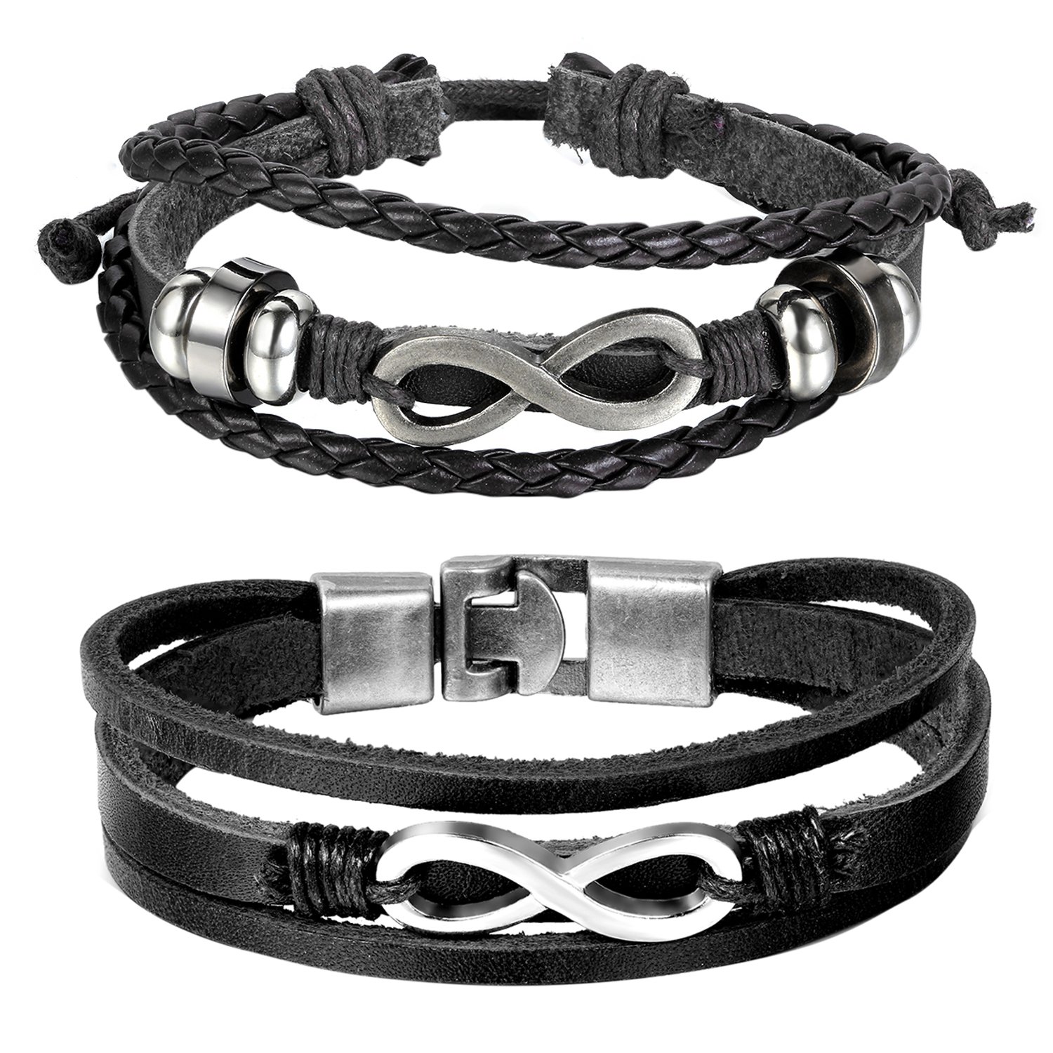 Cupimatch 2 Pieces Leather Couples Bracelet Love Infinity Charm Cuff Bangle for Men Women … — image 1